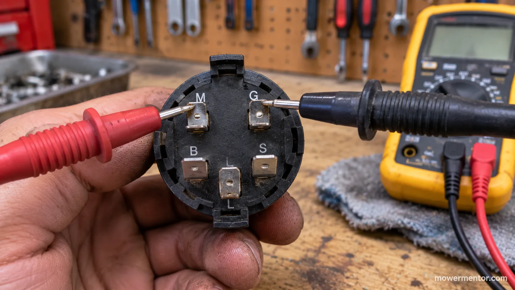 Probing the OFF and ground terminals on the back of a Murray ignition switch