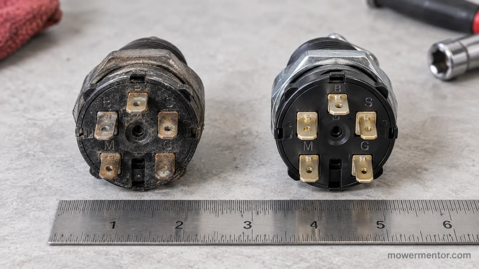 An old Murray ignition switch next to a universal 7-post replacement for comparison