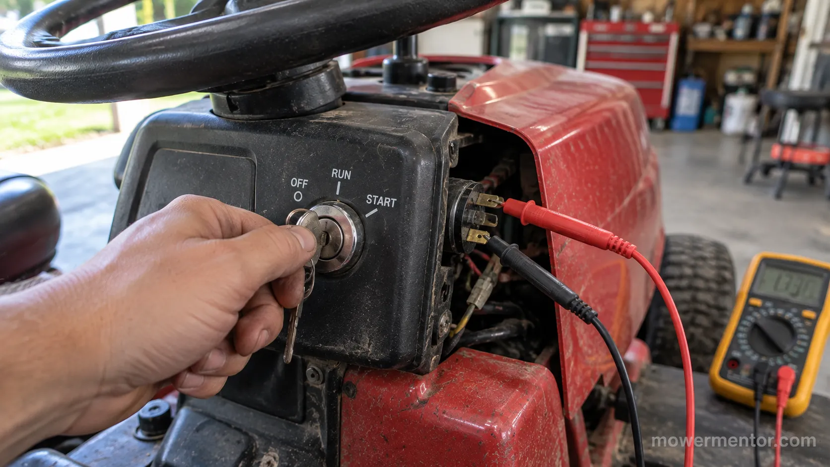 Turning the key to RUN on a Murray ignition switch with multimeter leads staged