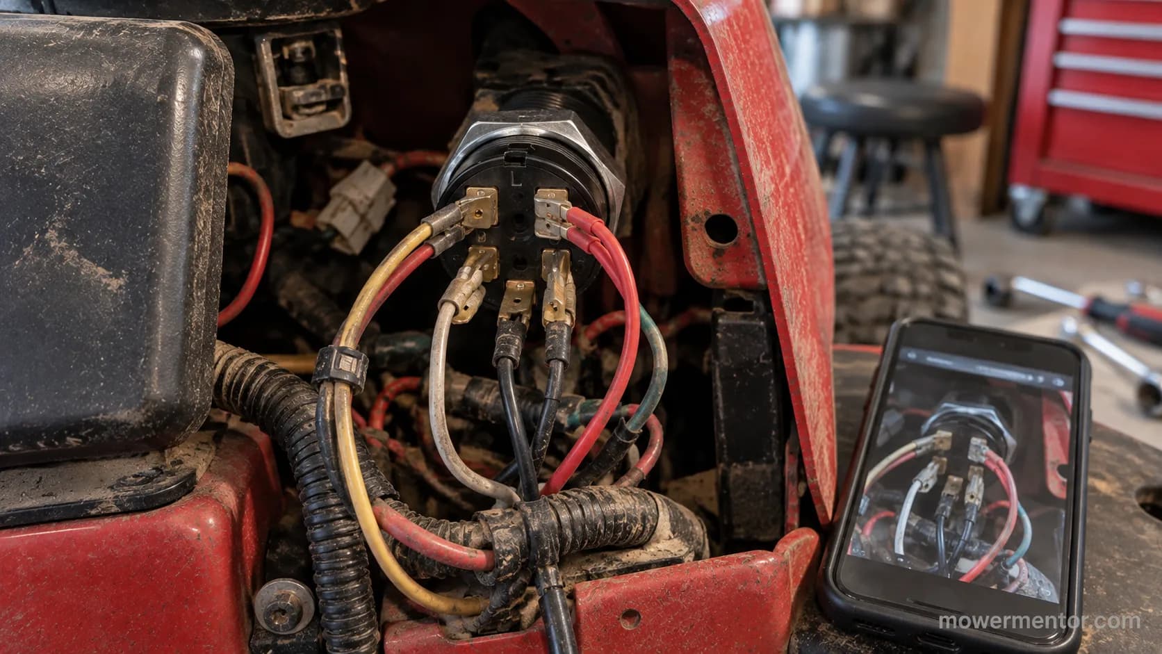 Old Murray ignition switch wiring documented before replacement with two wires on one post
