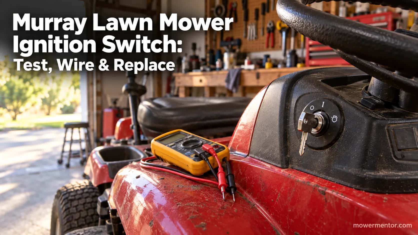 Murray riding mower dashboard with ignition switch and a multimeter ready for testing