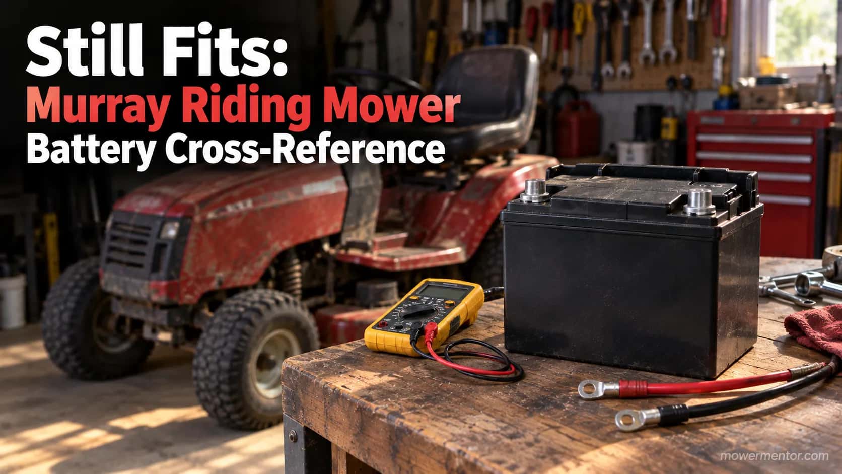 New Group U1 battery on a workbench beside a weathered red Murray riding mower.
