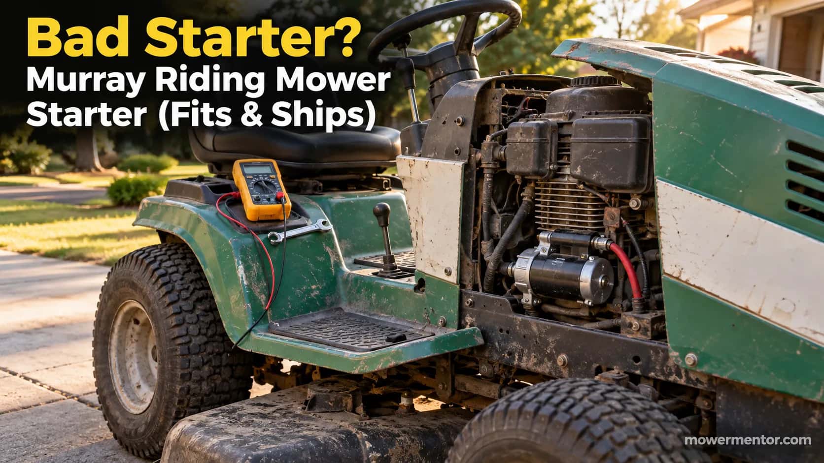 Murray riding mower with the engine panel open showing the starter motor, cover image