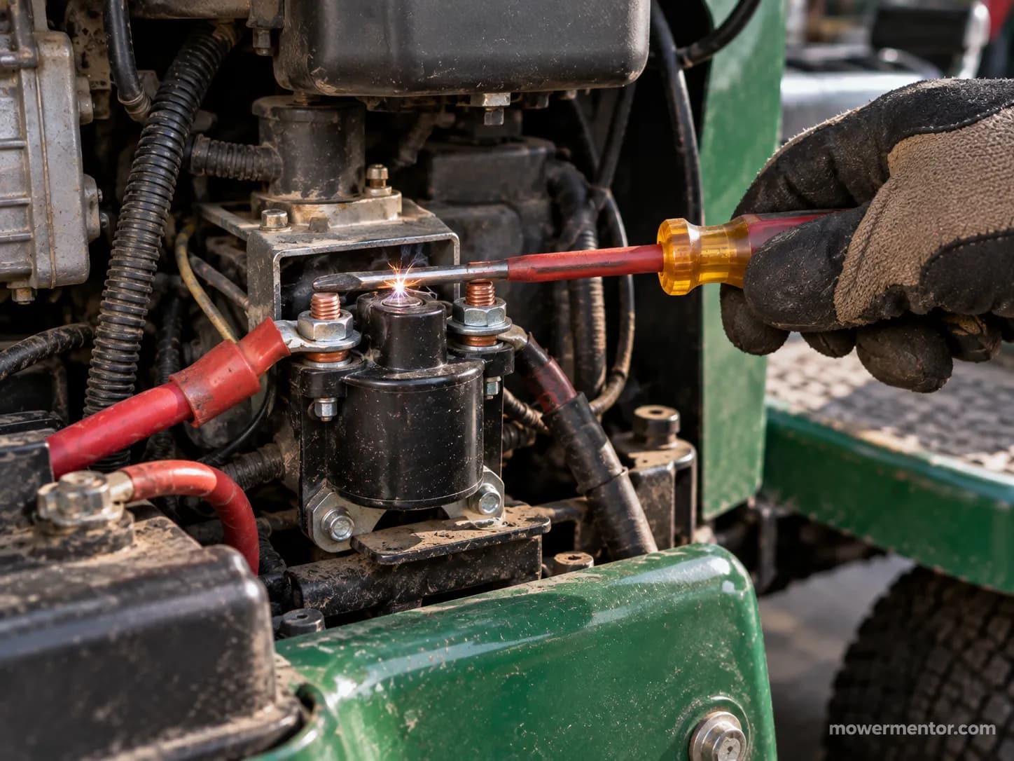 Bridging a Murray mower solenoid with a screwdriver to test-crank the starter