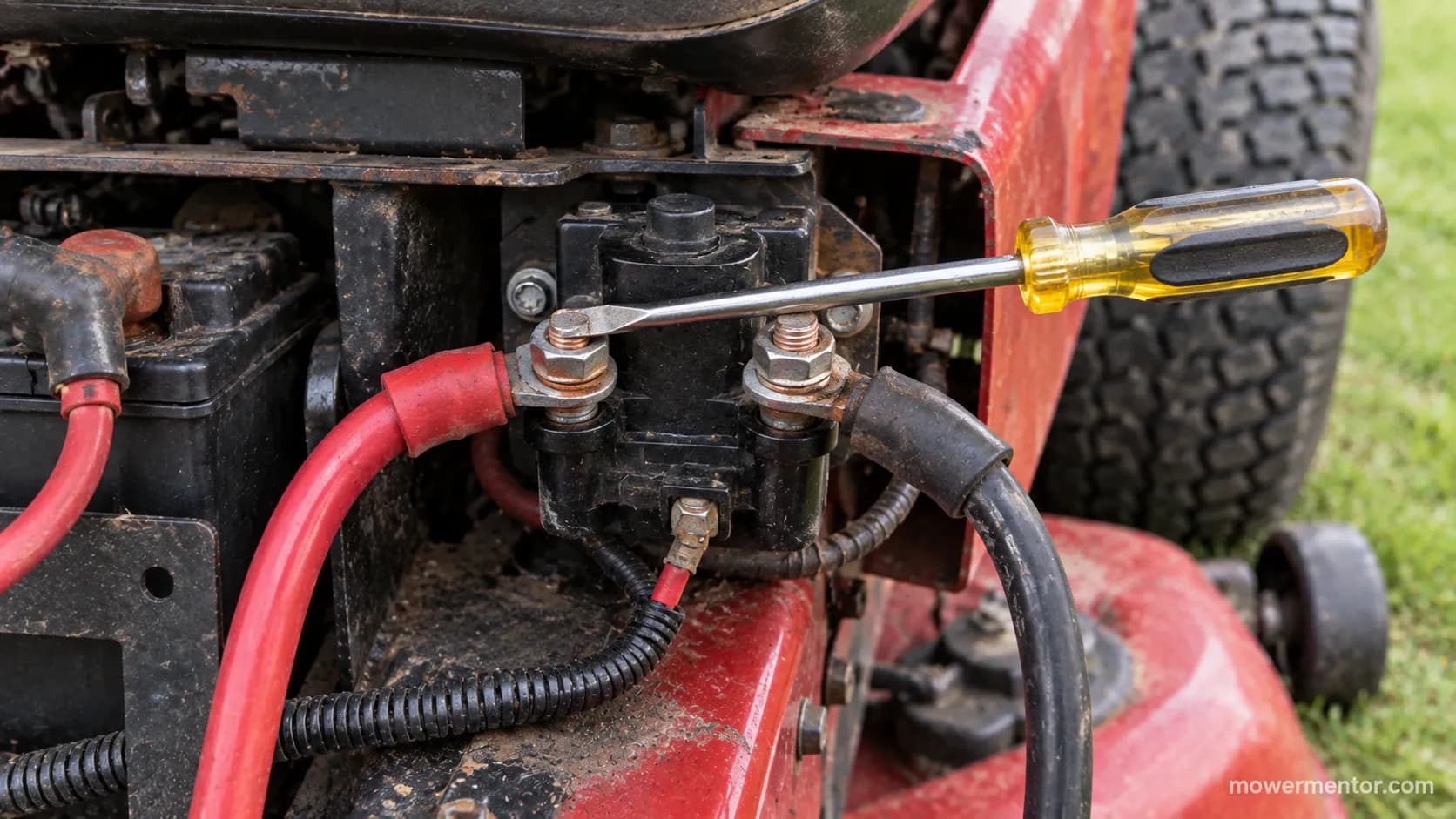 A screwdriver resting across a Murray starter solenoid to jump the start circuit with the engine off