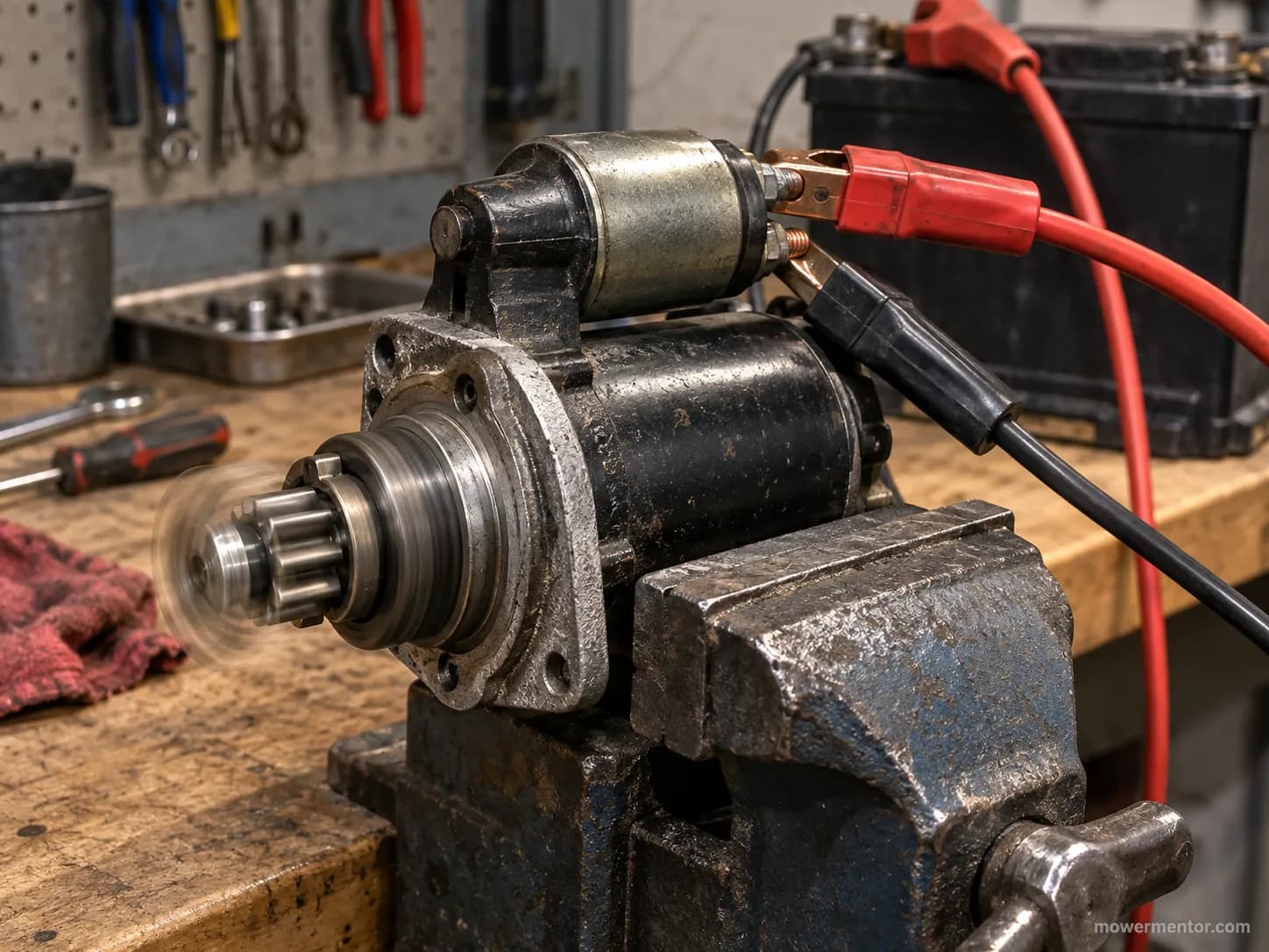 Bench testing a Murray riding mower starter with jumper leads and a vise