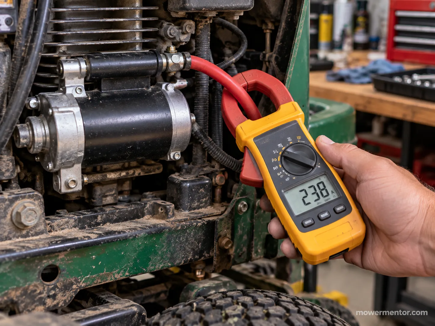 Clamp meter reading cranking amps on a Murray riding mower starter cable