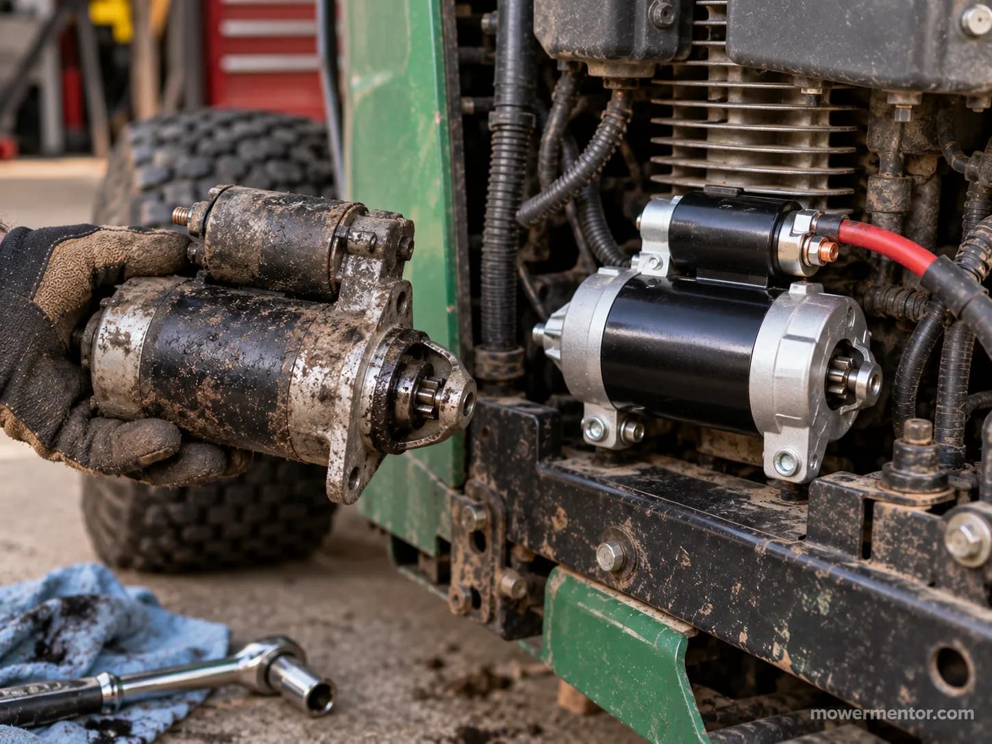 Replacing the starter on a Murray riding mower, old and new unit side by side