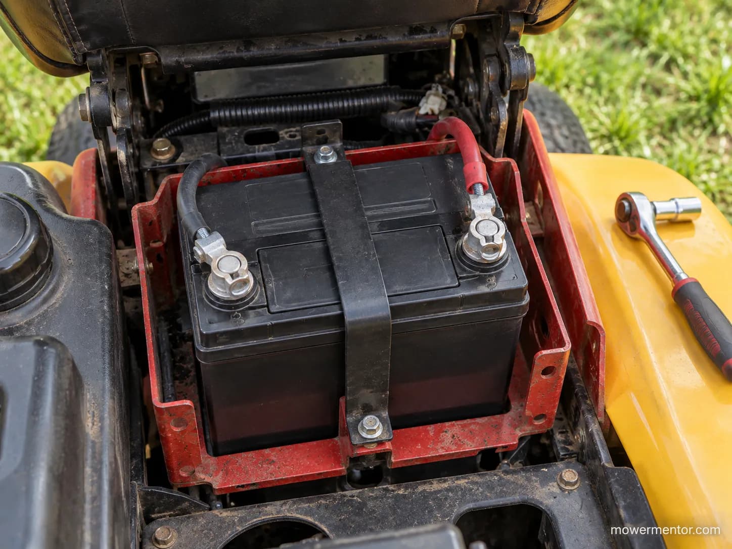 Recommended U1 AGM battery installed and clamped in a Cub Cadet riding mower tray