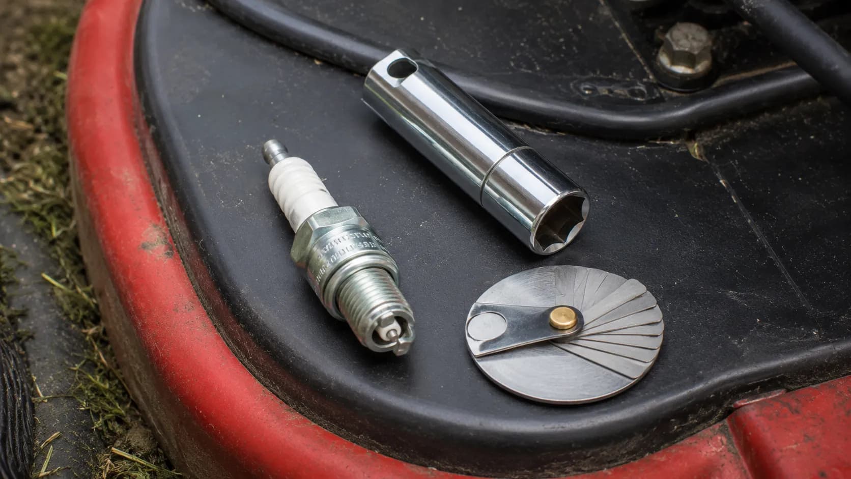 New NGK BPR5ES spark plug, 5/8-inch spark plug socket, and coin-style feeler gauge arranged on a Toro mower deck before a spark plug replacement.