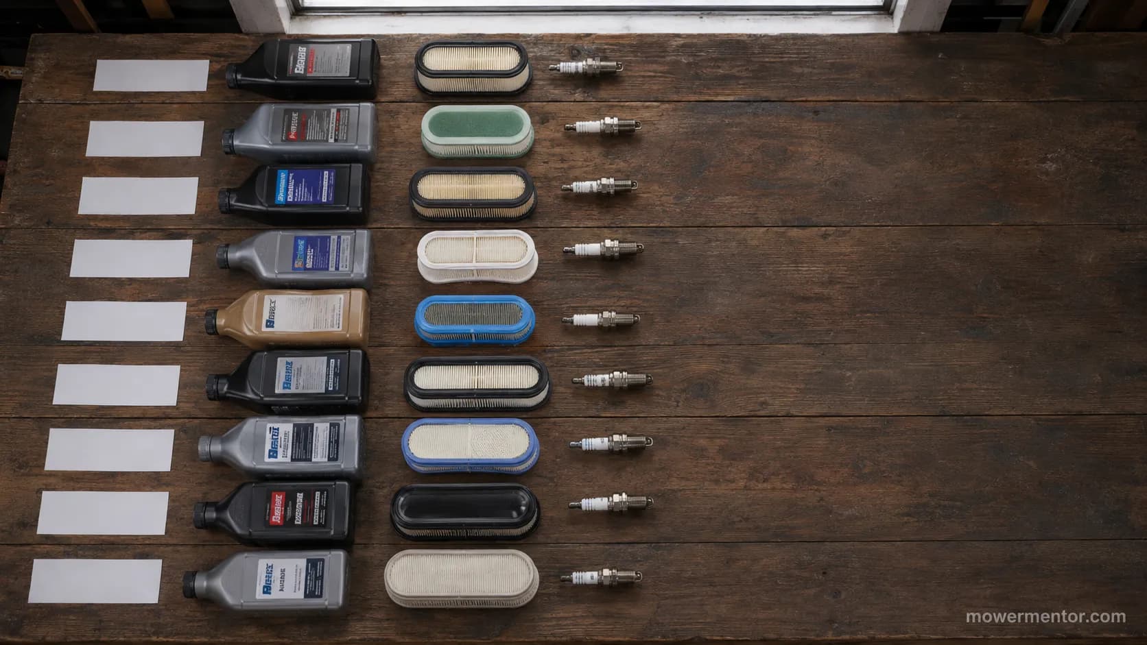 Nine lawn mower maintenance kits emptied onto a workbench for comparison, showing oil, air filters, and spark plugs with two kits containing mismatched parts.