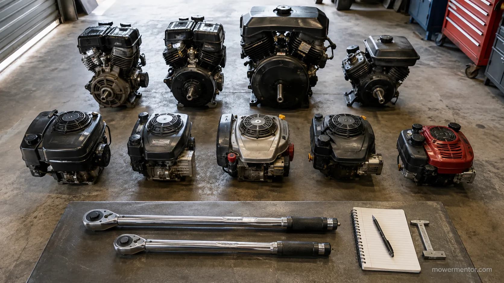 Nine small engines arranged in a workshop with two torque wrenches, a notebook and depth gauge in the foreground for checking mower engine repairs.