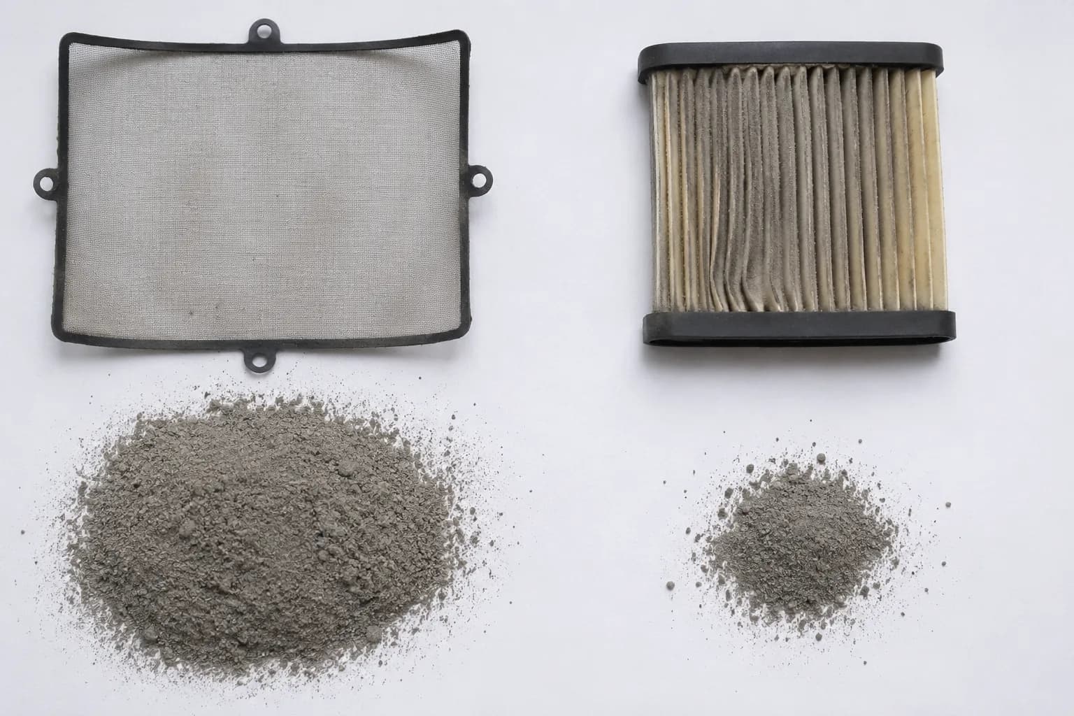Overhead comparison of a nylon mesh and pleated paper lawn mower air filter beside two piles of fine grey grit, illustrating the greater amount of dust that passed through the nylon filter.