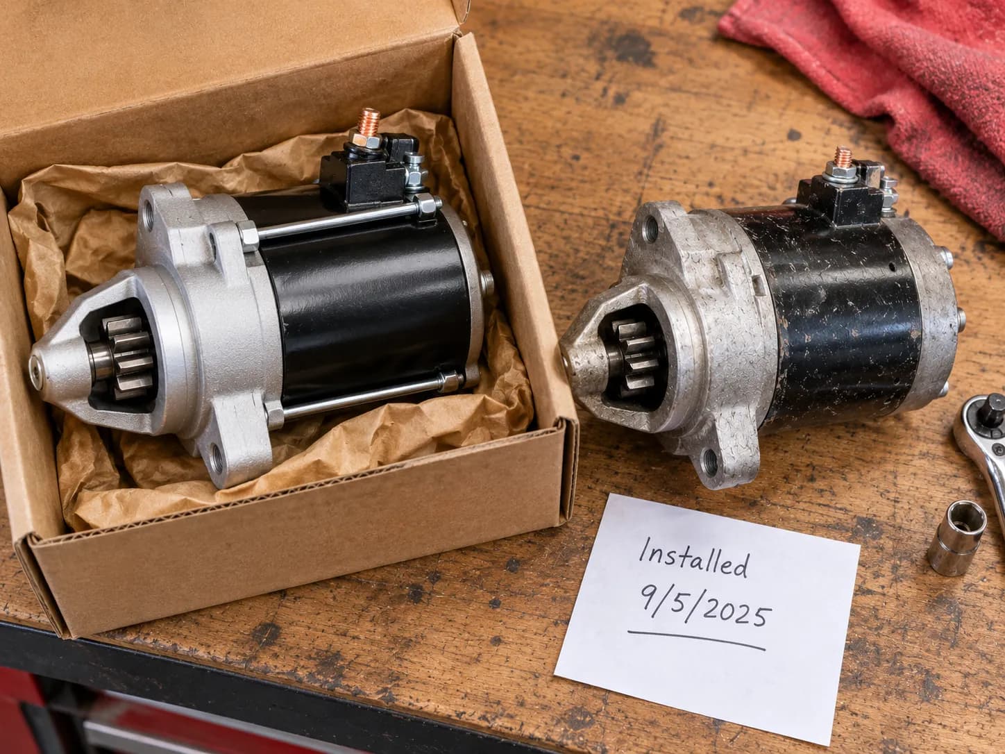 Comparing OEM and aftermarket Cub Cadet riding mower starters side by side with an install-date note.