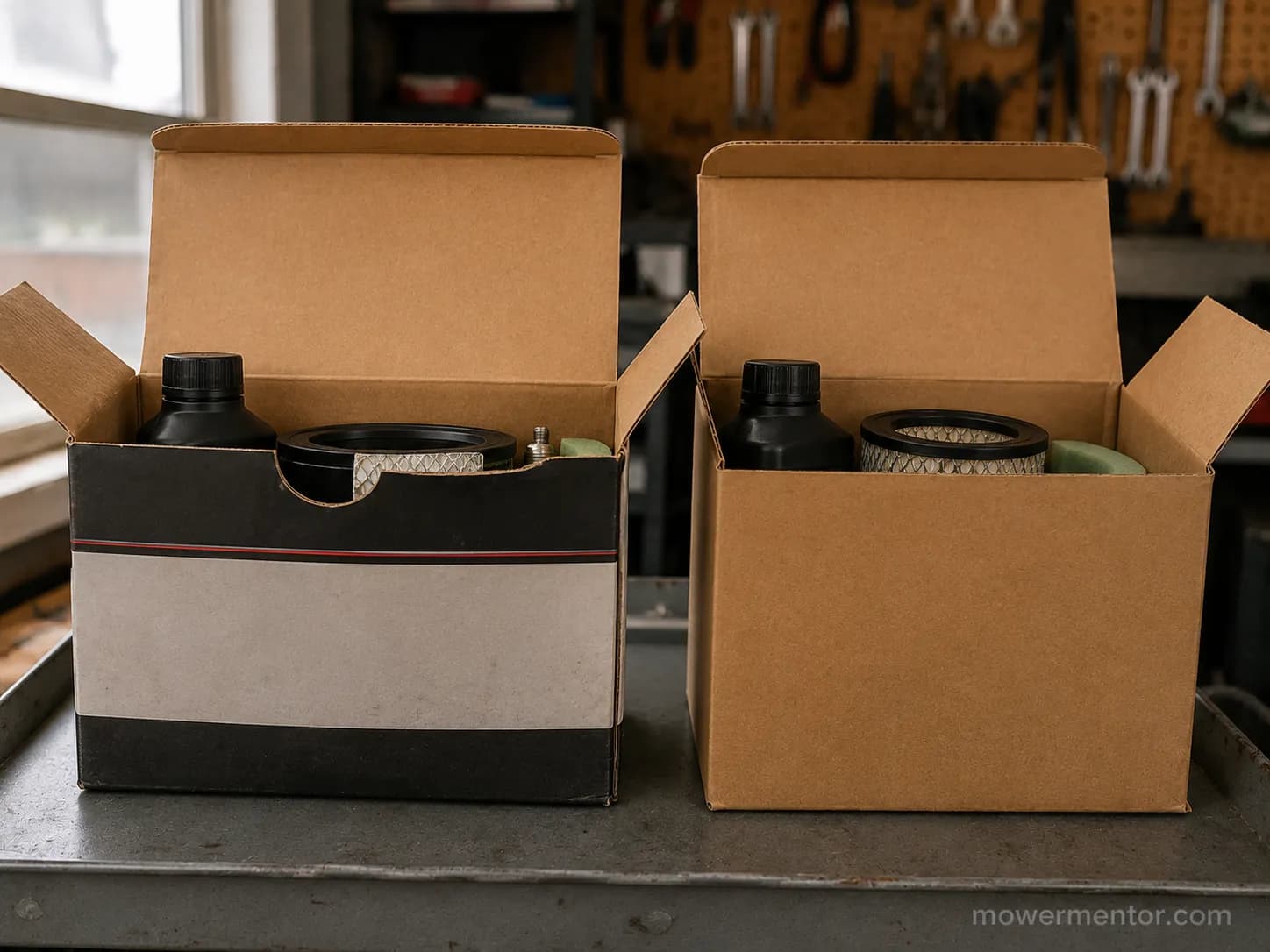 OEM and unbranded aftermarket engine parts boxes side by side on a workshop shelf with maintenance components visible inside.