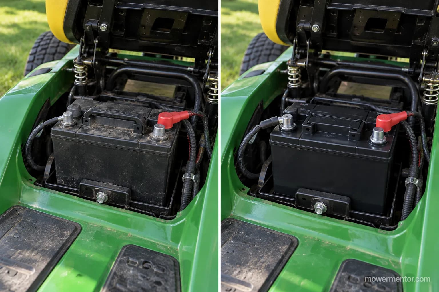 OEM and aftermarket U1 batteries installed in a John Deere mower tray