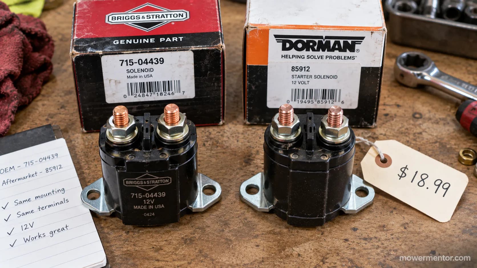 A branded lawn mower starter solenoid beside a lower-cost equivalent relay with a price tag.