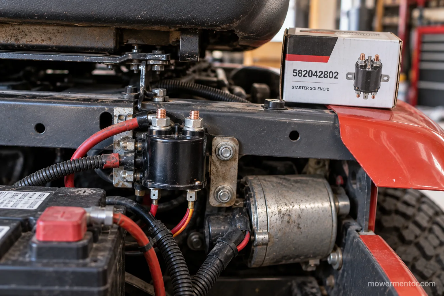 Universal starter solenoid installed on a Husqvarna riding mower next to the OEM part box