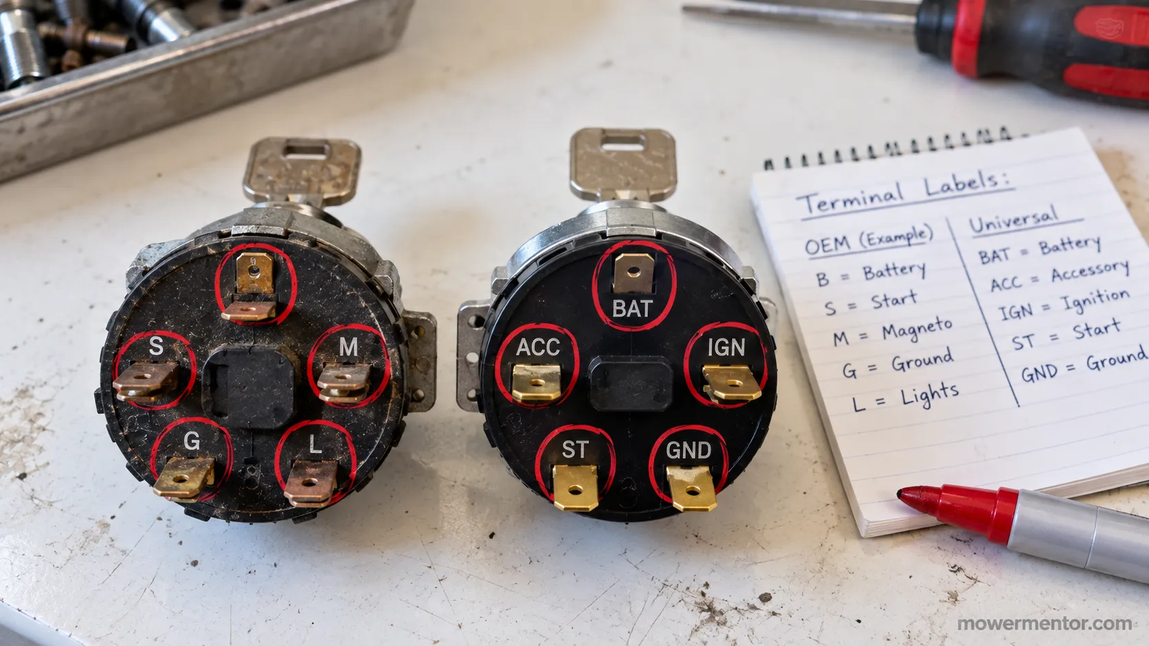 OEM and universal lawn mower ignition switches with terminals labeled side by side.