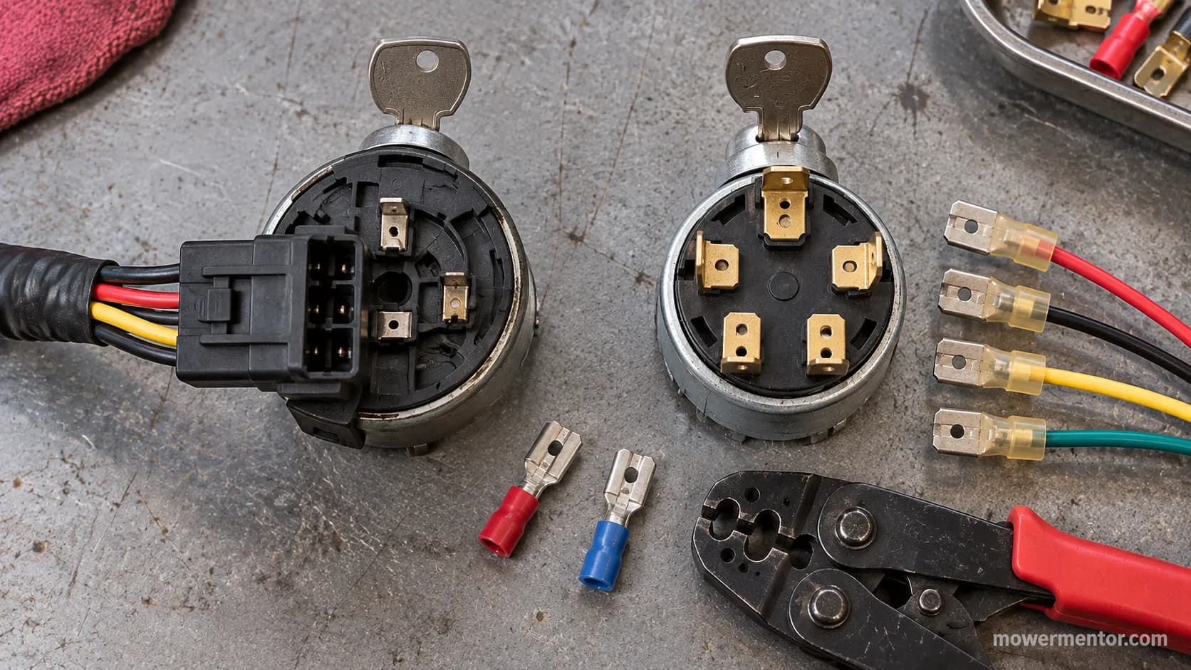 OEM lawn mower ignition switch plug compared with a universal replacement switch