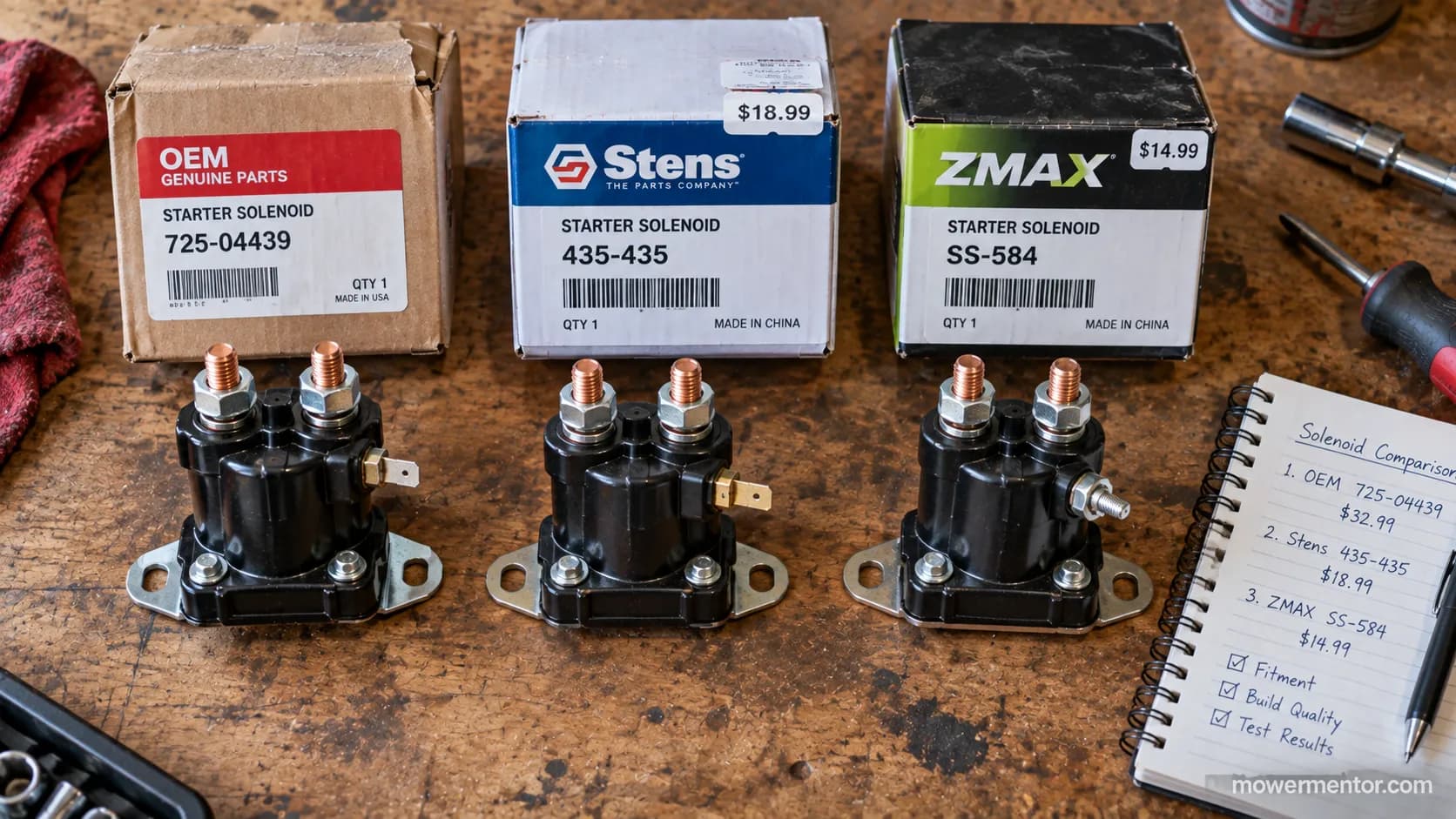 OEM and universal lawn mower starter solenoid replacements compared on a workbench
