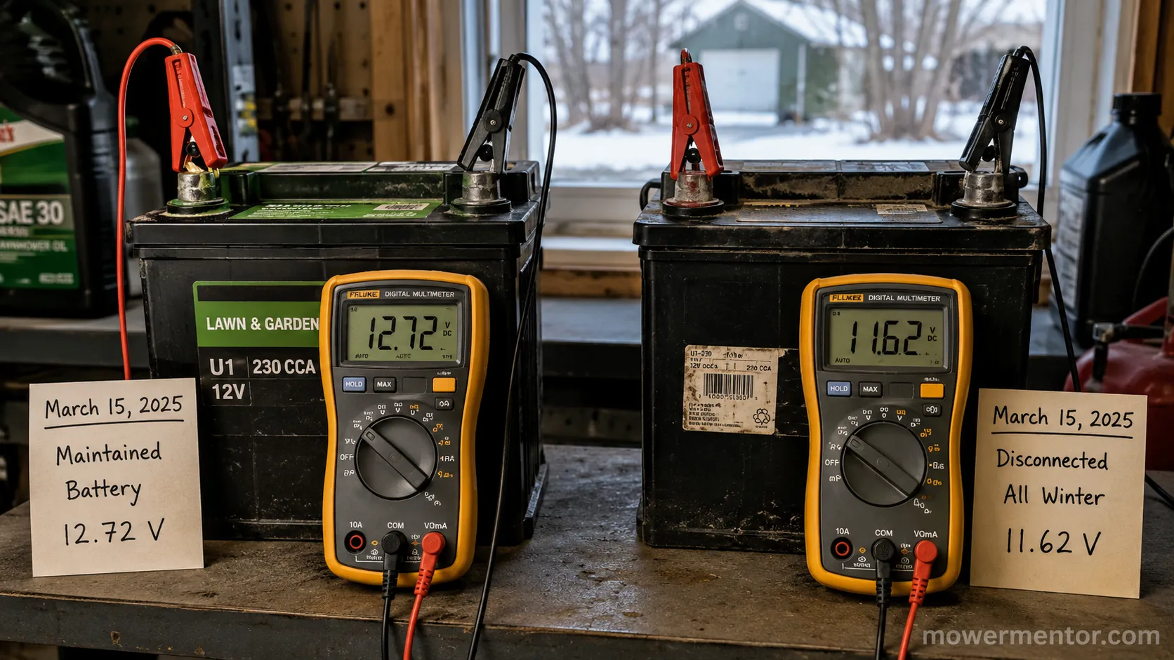 Maintained versus disconnected riding mower battery voltage at spring startup.