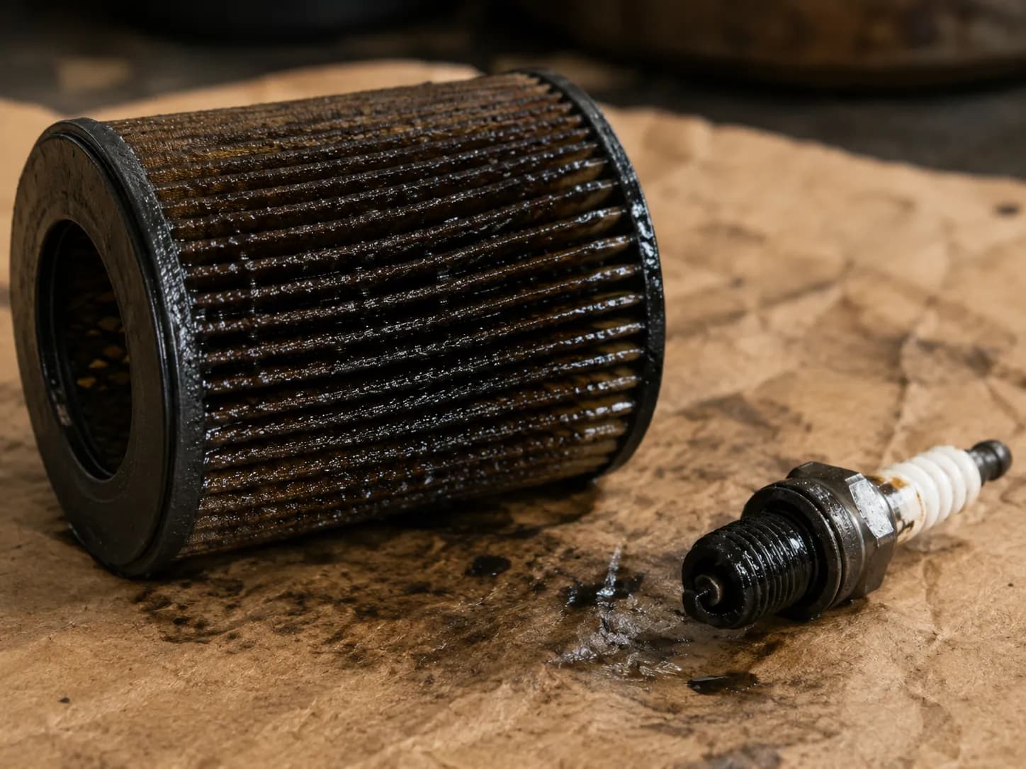 Oil-soaked pleated paper air filter beside a used lawn mower spark plug coated with black oily deposits, placed on brown workshop paper with visible oil stains under soft side lighting.