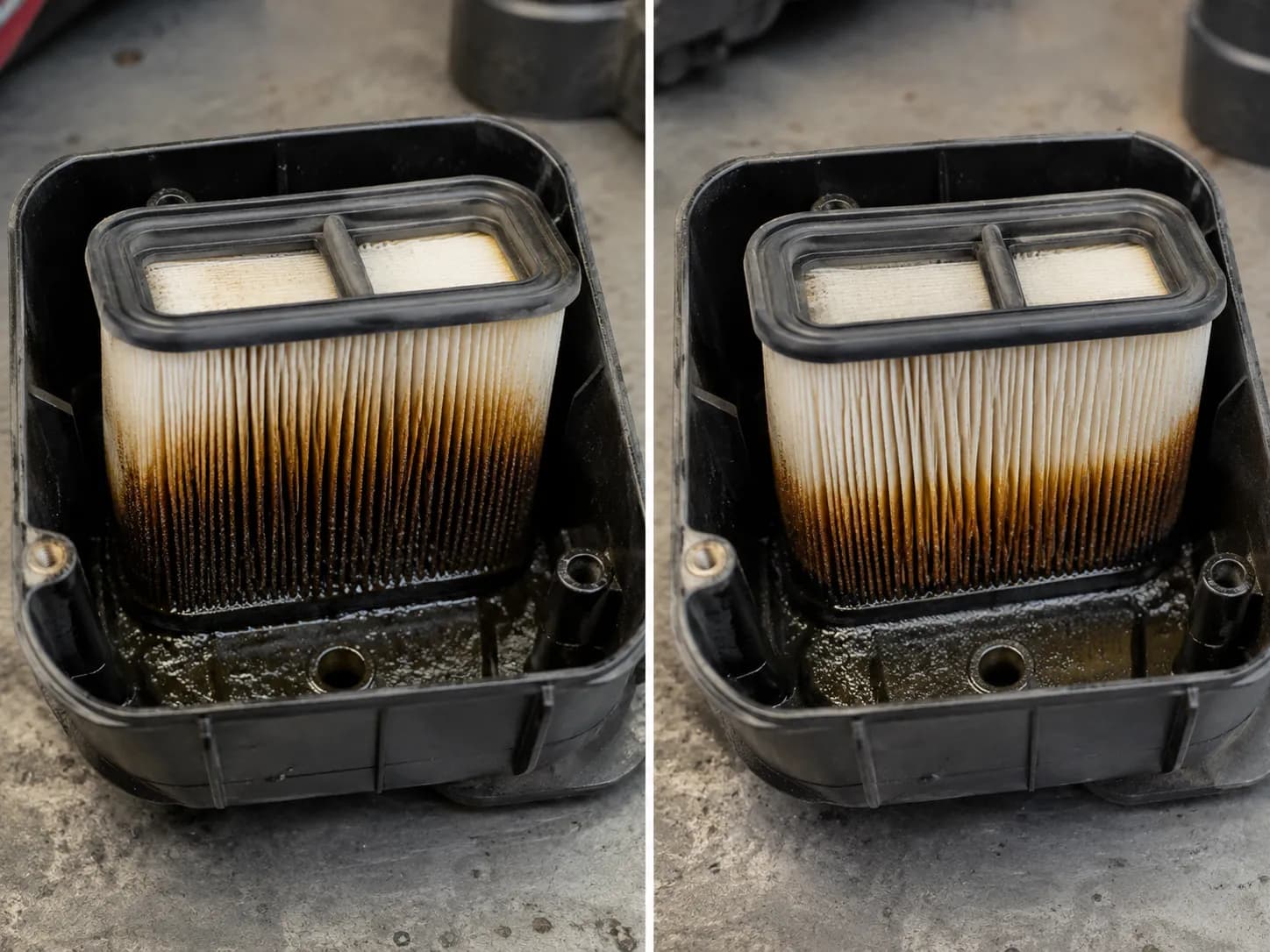 Before-and-after view of the same lawn mower air filter housing showing a clean replacement filter becoming oil-soaked after two mowing sessions, with visible oil staining and sheen inside the air box