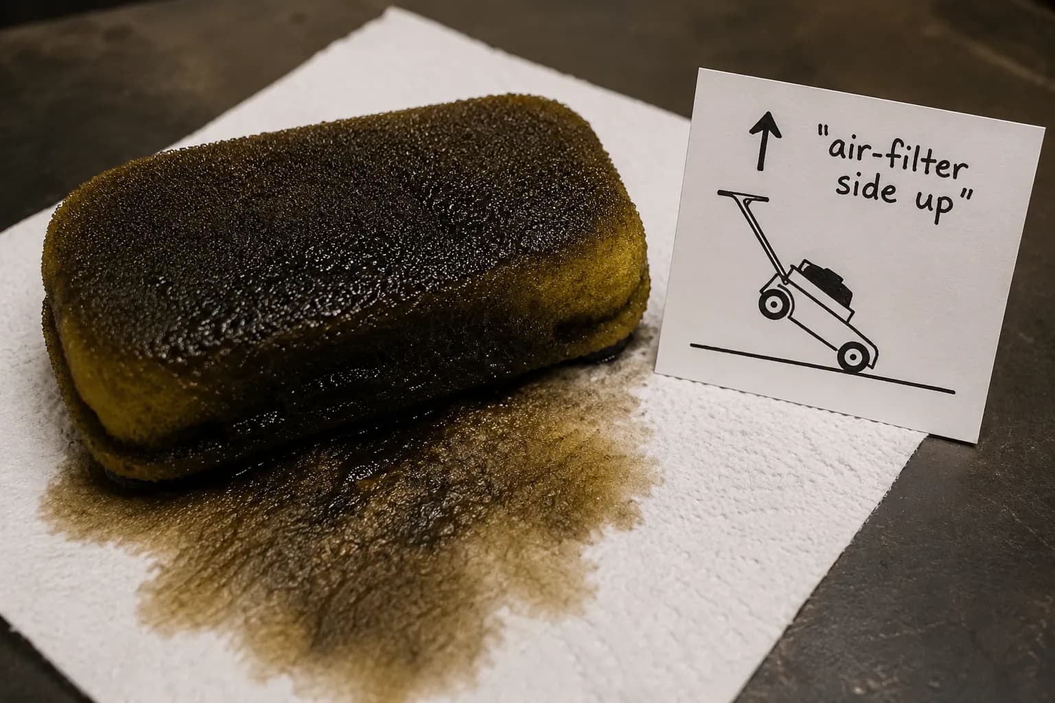 Oil-soaked yellow foam lawn mower air filter resting on a paper towel after an engine tipping mistake beside a diagram showing the correct air-filter side up position.