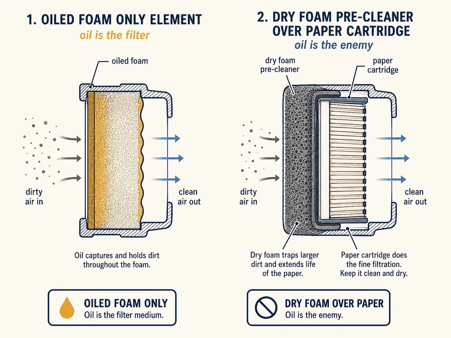Diagram comparing an oiled foam-only air filter with a dry foam pre-cleaner over a paper cartridge, showing why oil filters foam but can harm paper elements.