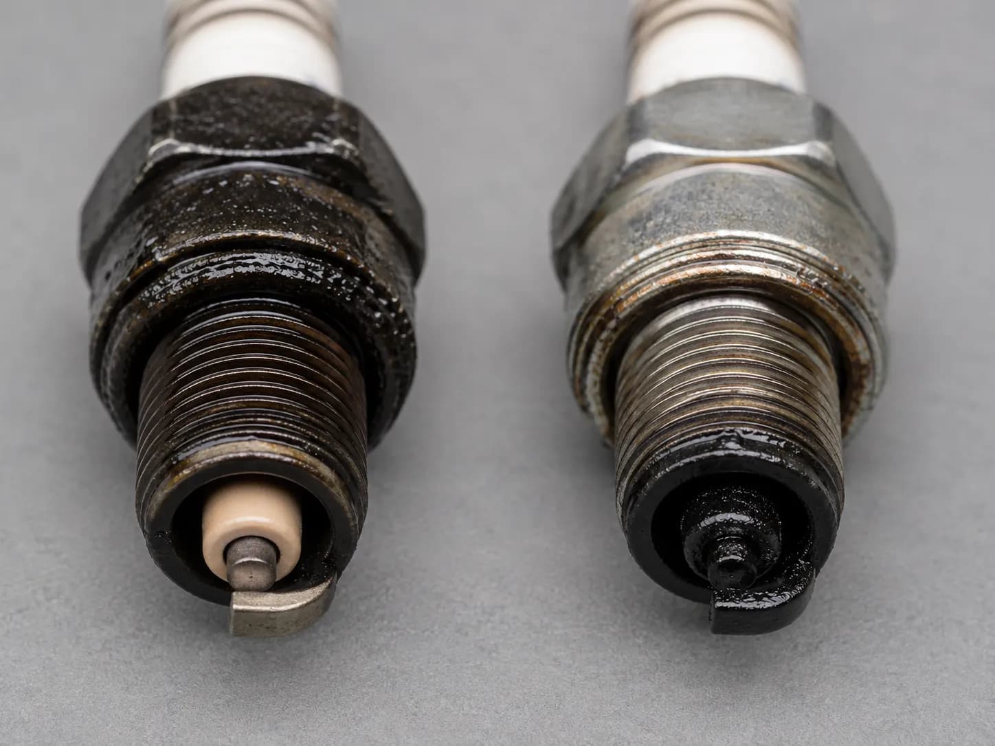 Side-by-side comparison of two used small-engine spark plugs showing an oily plug body with a clean firing tip beside a genuinely oil-fouled spark plug with oil-coated insulator and electrode.