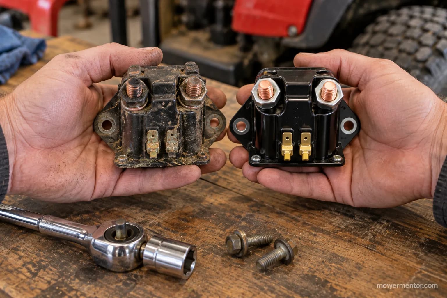 Old and replacement Husqvarna riding mower starter solenoid side by side