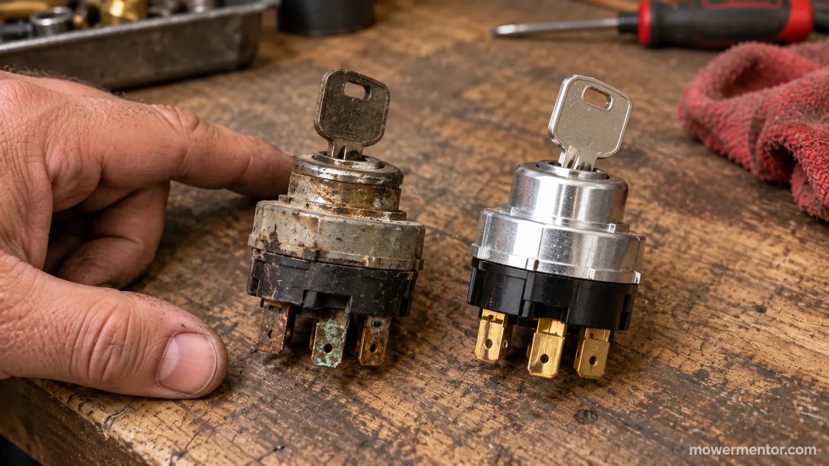 Old and new riding mower ignition switch side by side on a workbench before replacement.