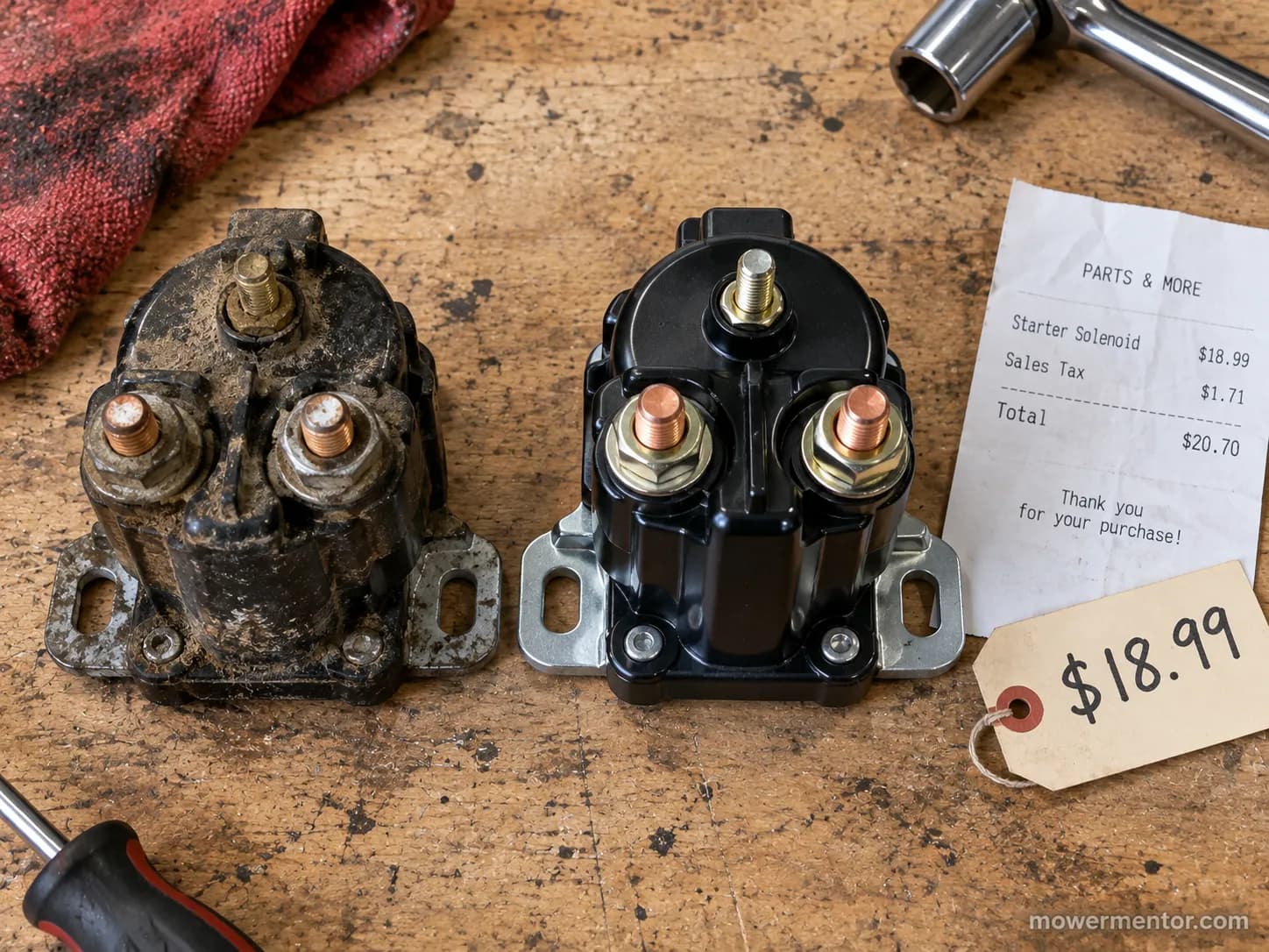 Old three-post lawn mower starter solenoid next to the new replacement part