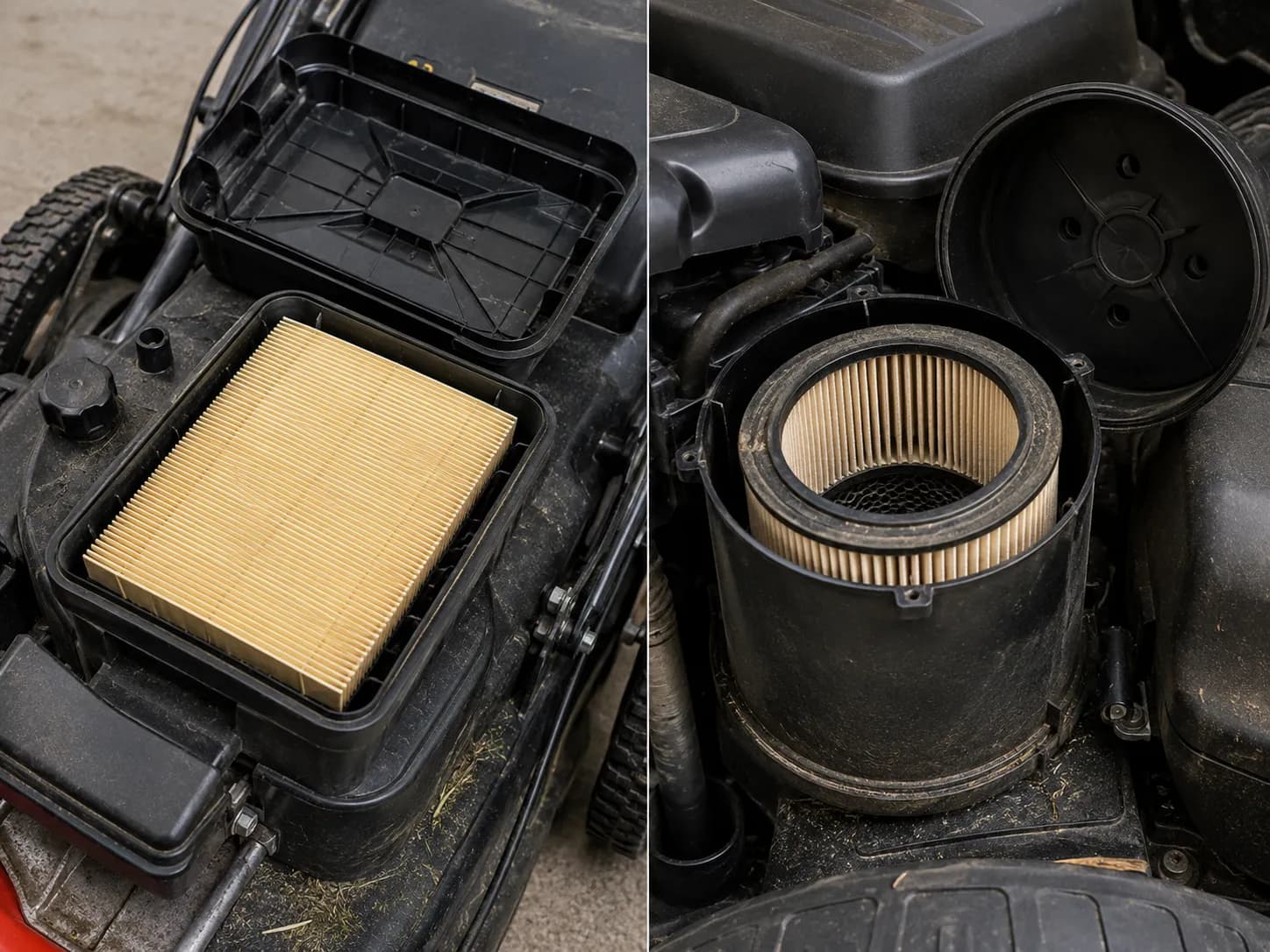 Open lawn mower air filter housings showing a flat rectangular paper filter in a walk-behind mower and a round pleated canister filter in a riding mower with covers removed.