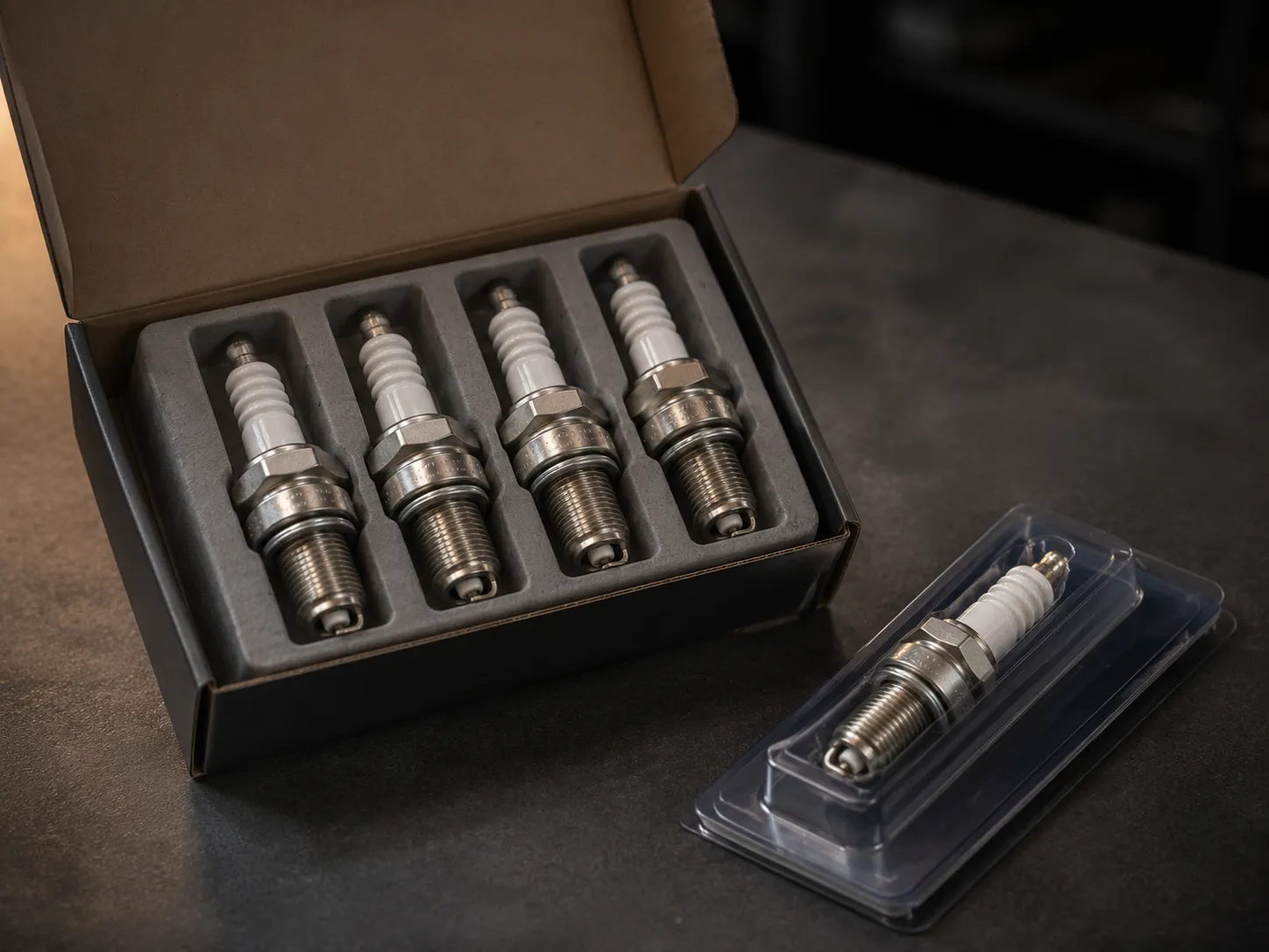 Opened four-pack of small engine spark plugs beside a single blister-pack spark plug on a dark surface, illustrating a side-by-side comparison of multi-pack and single purchase.