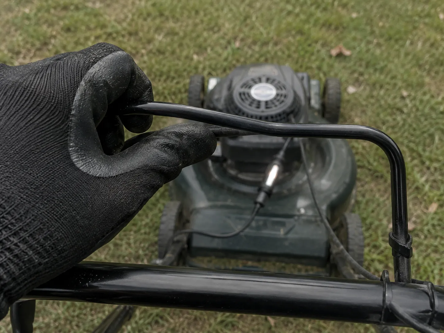 Gloved hand holding the operator-presence bail against a lawn mower handle while an inline spark tester remains connected to the engine during ignition testing.