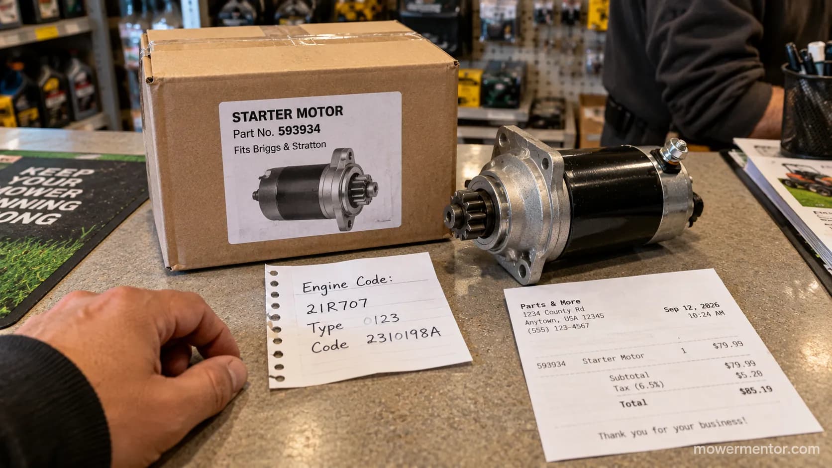 Ordering the right riding mower starter by engine stamp at a shop counter