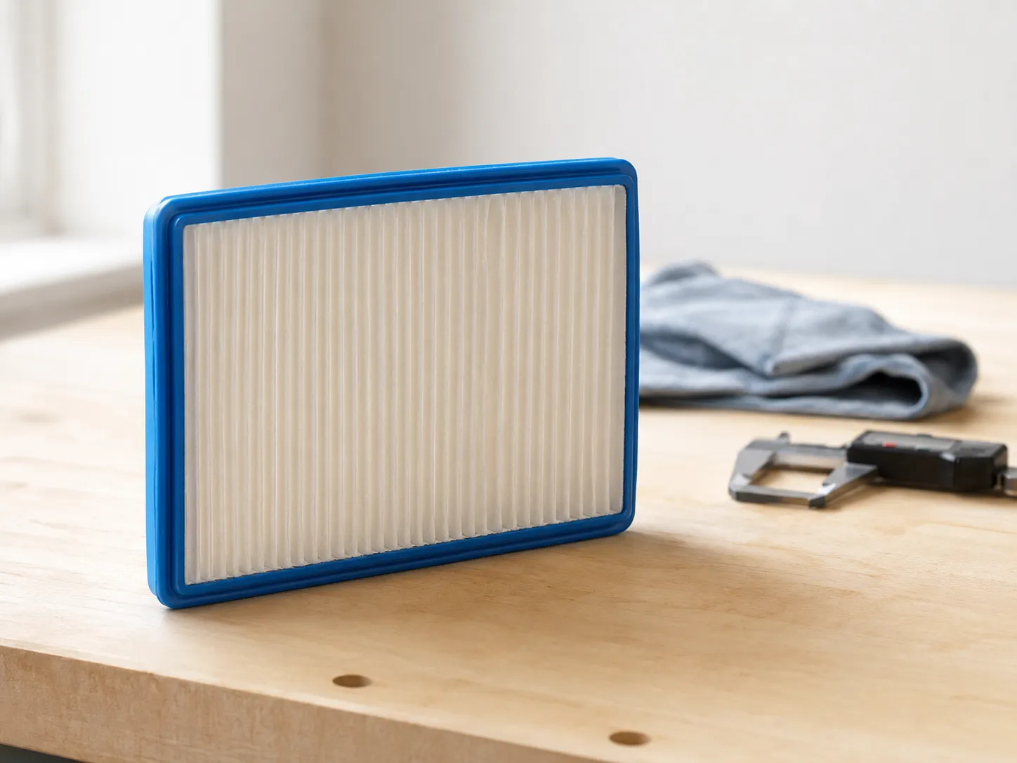 Oregon flat panel air filter replacing Briggs 491588S, shown upright on a workbench with white pleated media and blue sealing lip during fitment comparison testing.