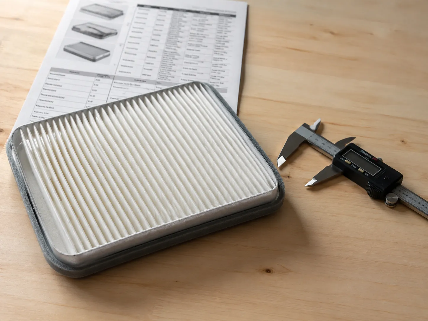 Representative Oregon rectangular pleated paper air filter with grey foam seal beside a digital caliper and catalog page, illustrating the need to measure before fitting Honda-compatible replacements.