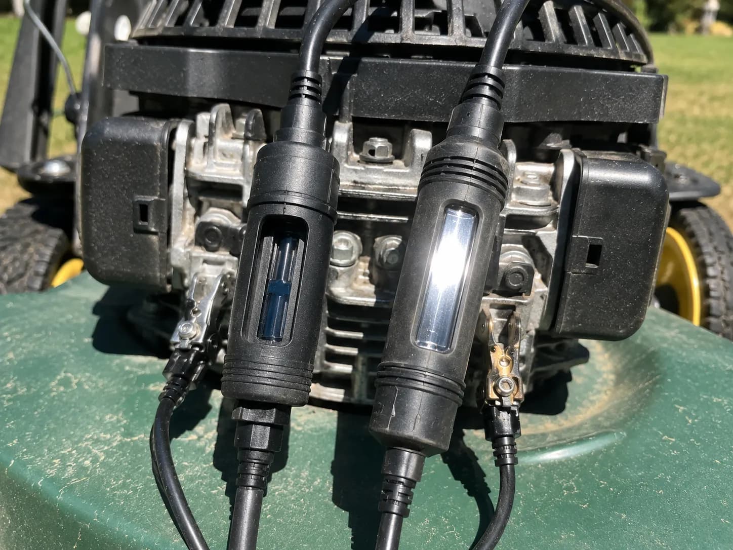 Two inline spark testers on a lawn mower engine in direct sunlight, showing the Oregon tester's shrouded viewing window remaining visible while the exposed tester is washed out by glare.