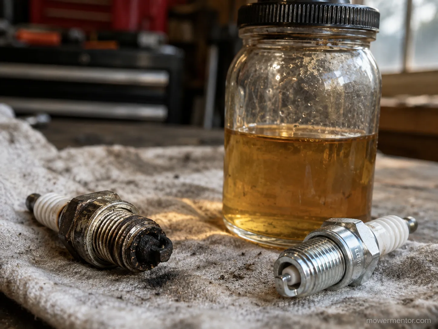 Fouled spark plug removed from a riding mower that cranked but would not fire.
