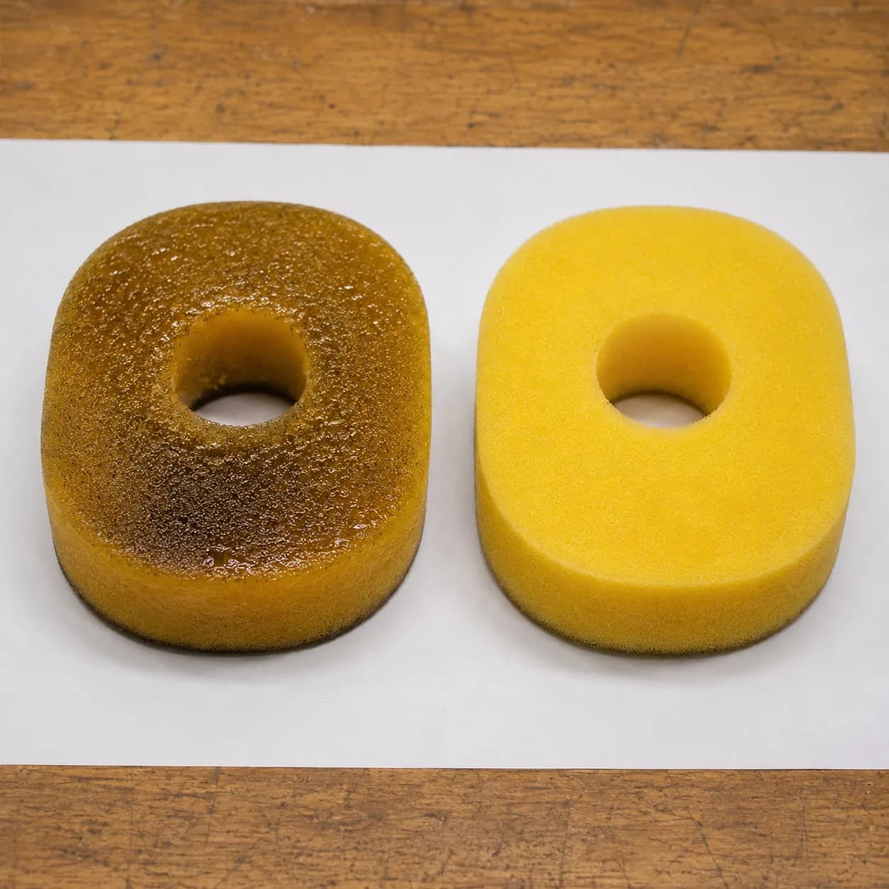 Side-by-side comparison of an over-oiled glossy foam lawn mower air filter and a clean matte foam filter on a white card, showing the visual difference after proper cleaning and oiling.