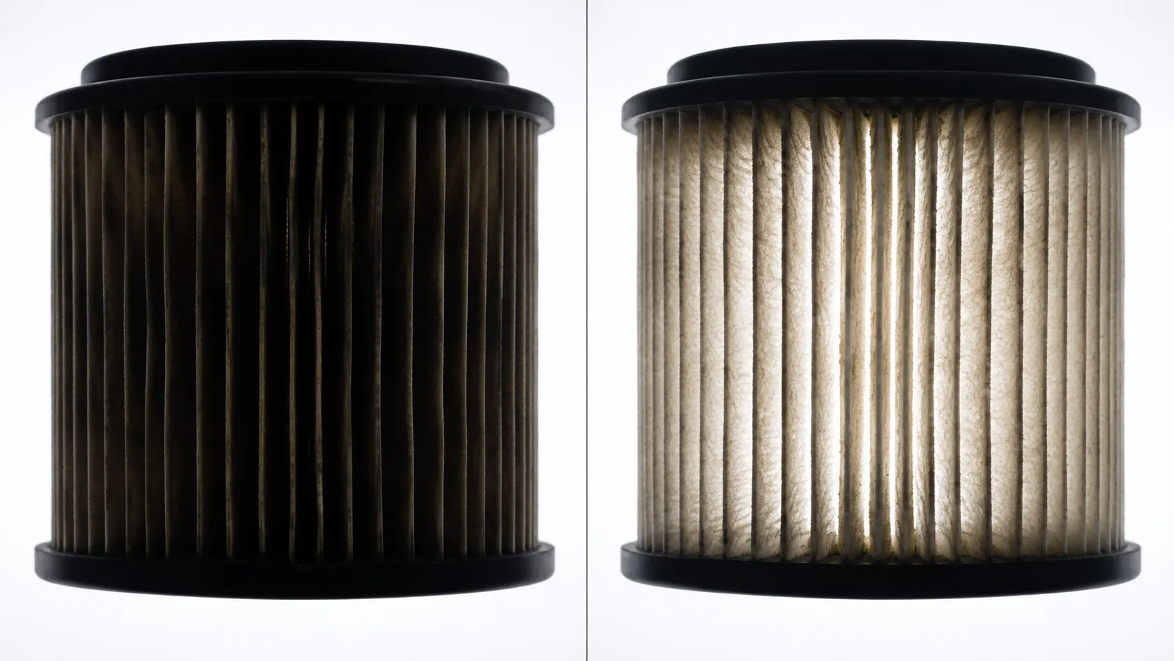 Backlit before-and-after comparison of a lawn mower paper air filter showing clogged pleats before tapping and improved light transmission after dust removal.