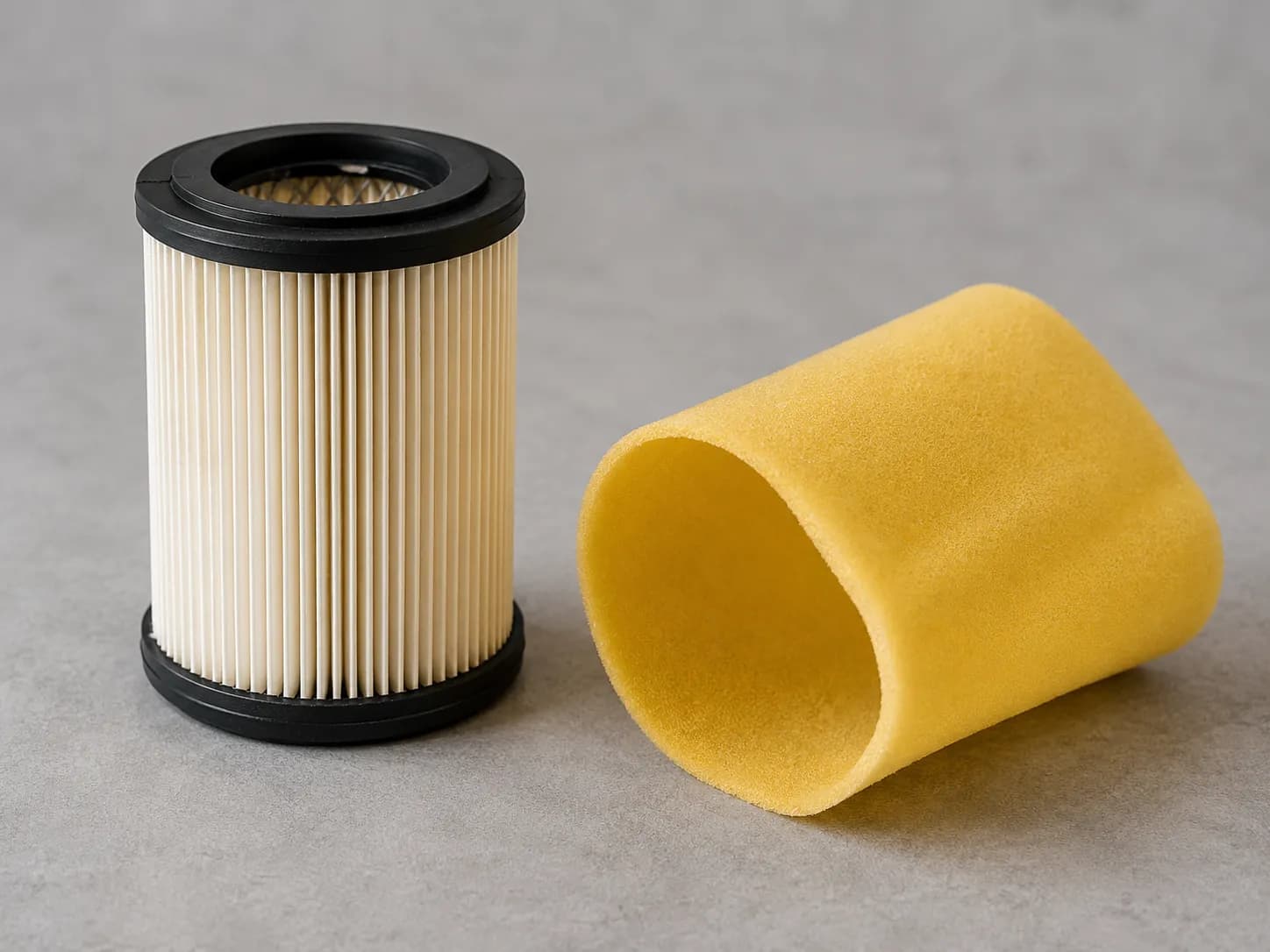 Cylindrical pleated paper air filter standing beside its unwrapped yellow foam pre-cleaner sleeve on a neutral surface.