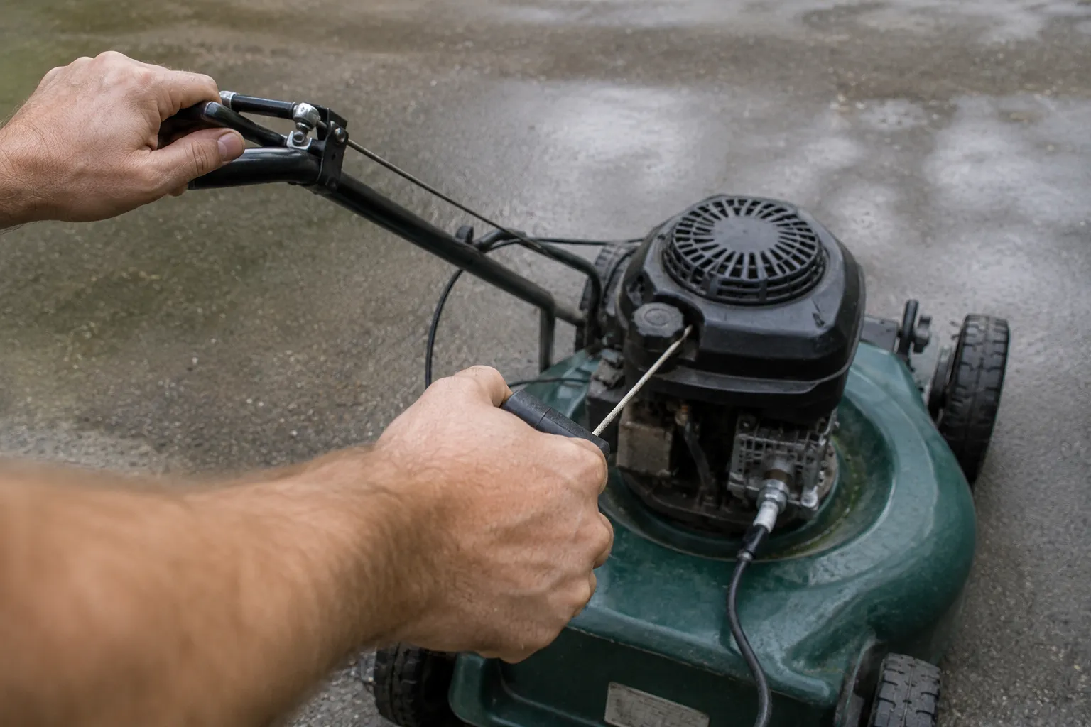 Person holding the lawn mower bail lever while pulling the starter cord with a grounded spark plug attached to the ignition lead, demonstrating the correct procedure for a lawn mower spark test.