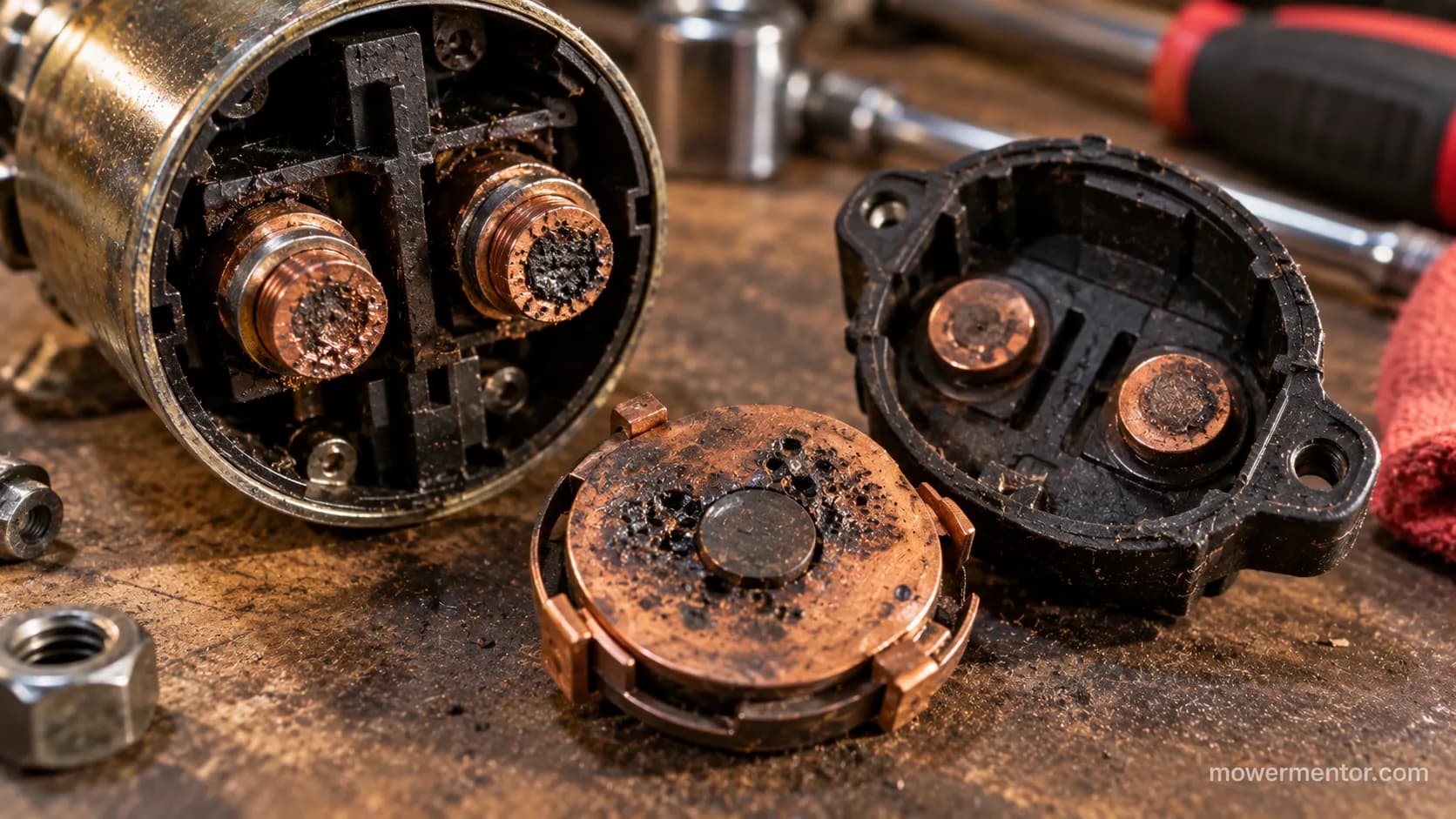 Pitted starter solenoid contacts that clicked but passed no power.