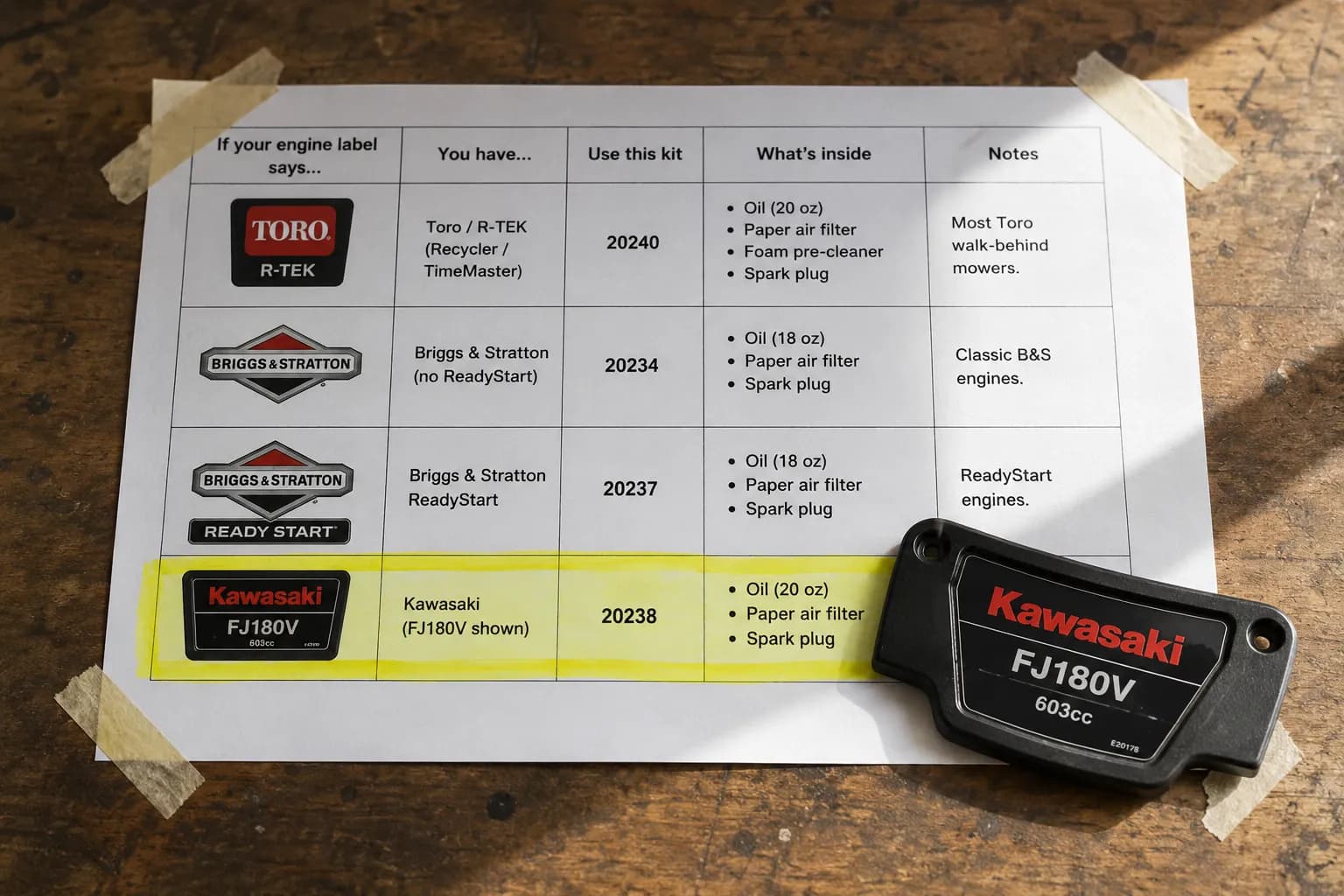 Printed mower maintenance kit finder table taped to a wooden workbench with one highlighted row matching the engine label placed on the page for quick kit identification.