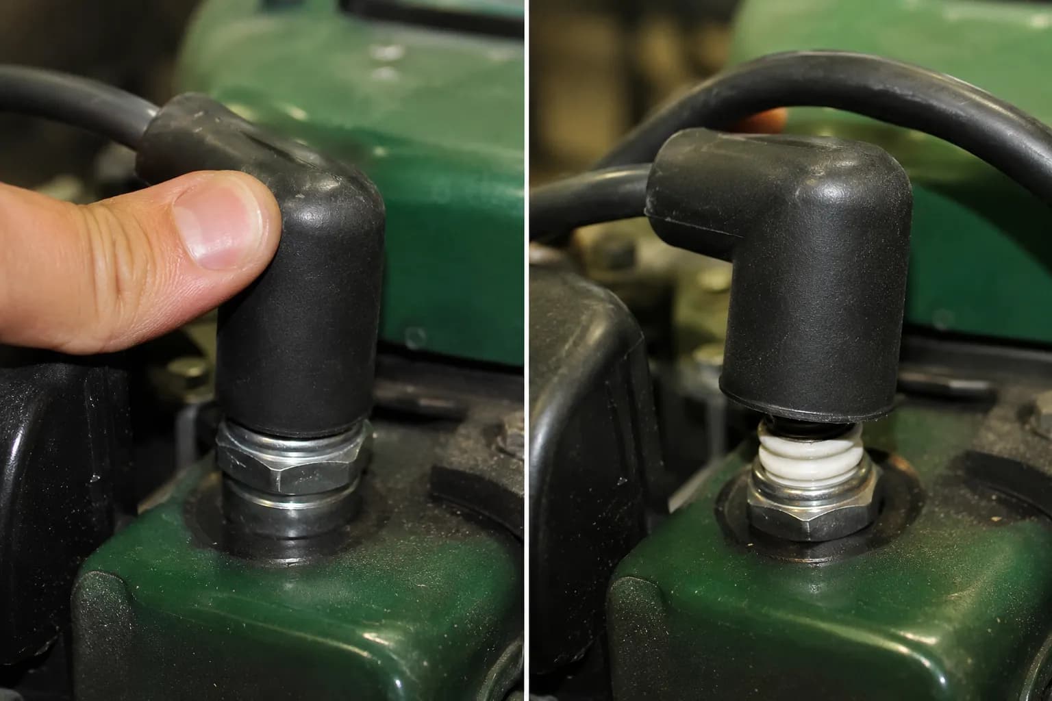 Side-by-side comparison of a properly seated spark plug boot versus a loose spark plug boot on a riding lawn mower engine, showing the correct and incorrect installation.