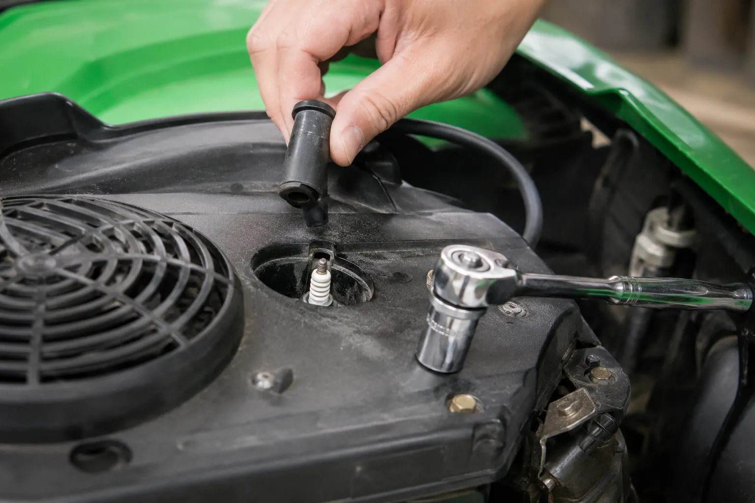 Bare hand pulling the spark plug boot straight off a John Deere riding mower engine while a 5/8-inch spark plug socket and ratchet are positioned beside the old spark plug for removal.